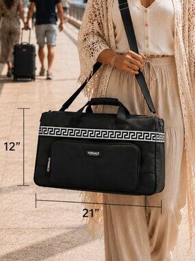 Versace Black White Greca Pattern Greek Key Oversized Weekender Duffle Bag